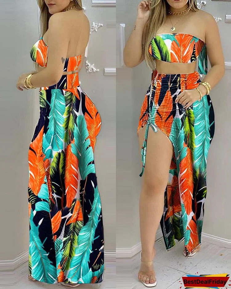 Tropical Print Drawstring Slit Off Shoulder Crop Backless Top & Skirt Sets P9583068923