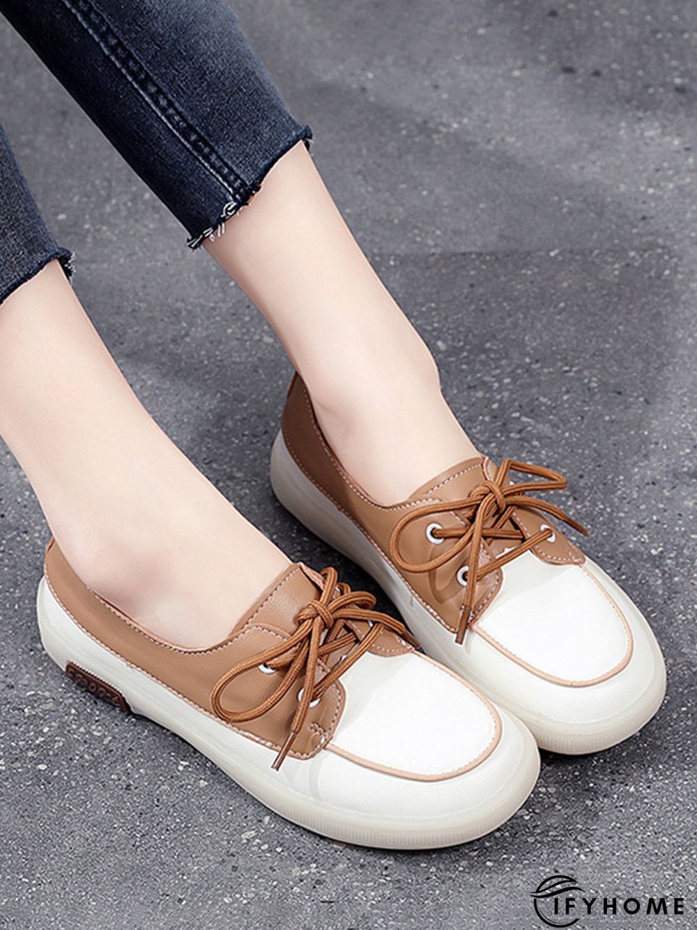Casual Split Joint Color Block Leather Lace Up Flat Shoes | IFYHOME