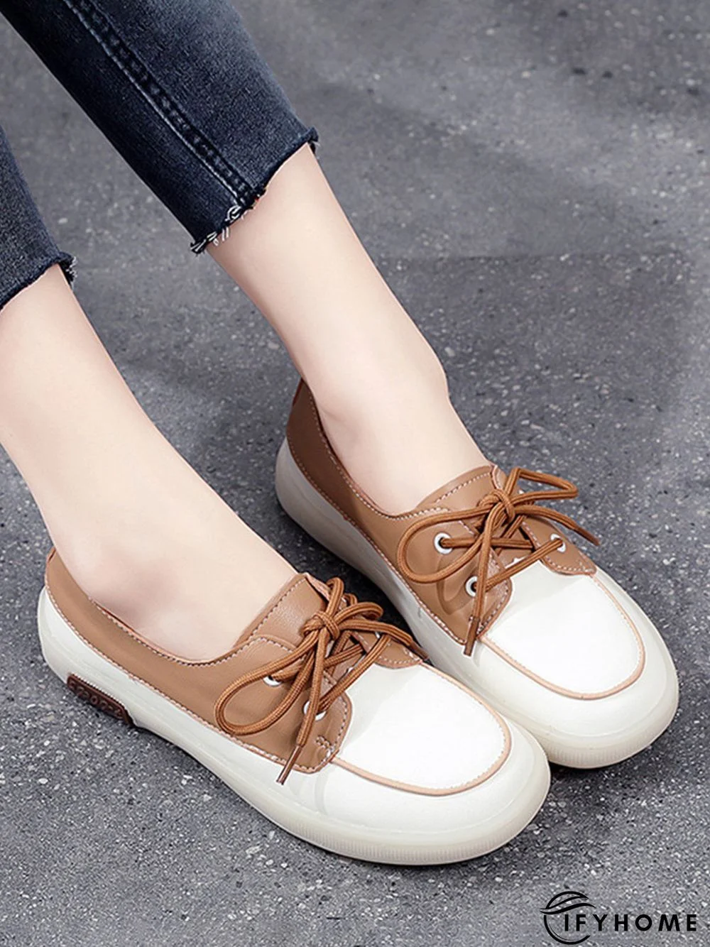 Casual Split Joint Color Block Leather Lace Up Flat Shoes | IFYHOME