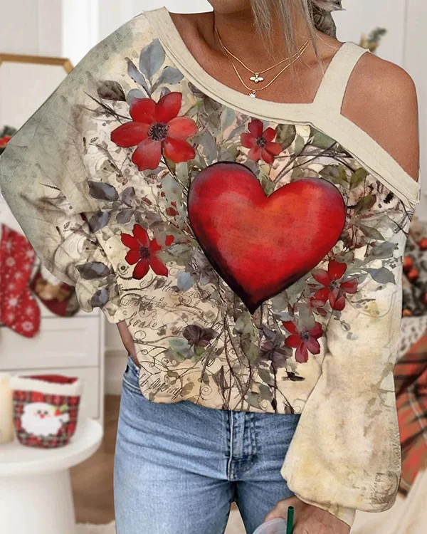 Retro Chic Valentine's Day Floral Heart-shaped Printed Off-shoulder Top