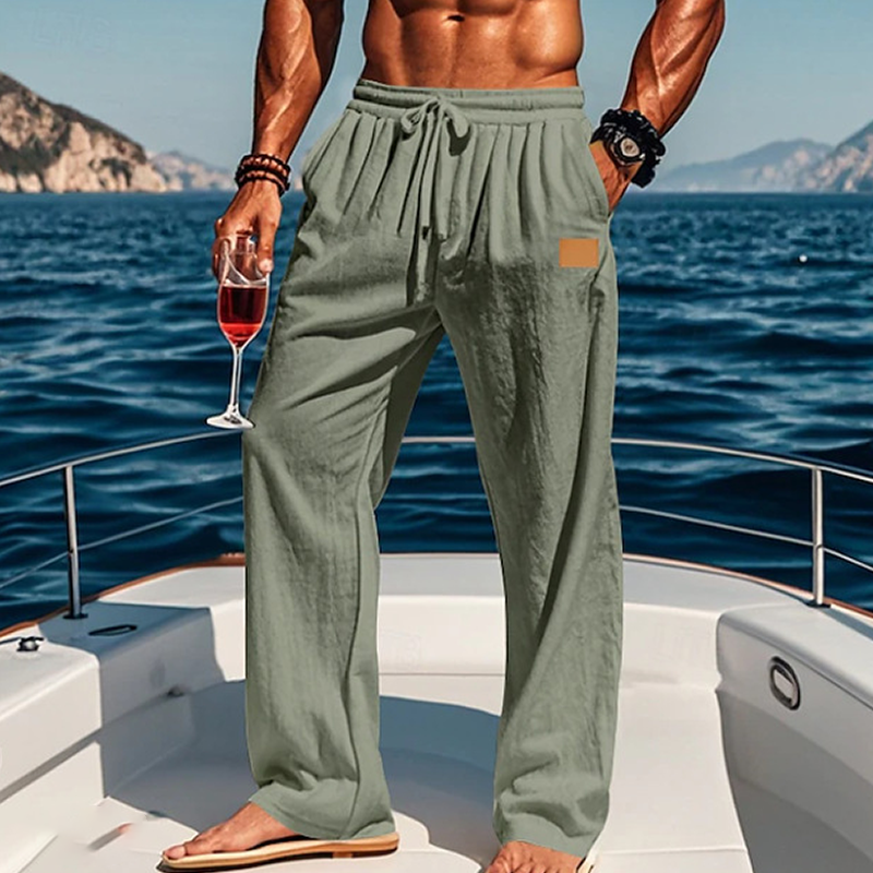 Men's Linen Leather Lable Beach Drawstring Elastic Waist Straight Leg Plain Comfort Breathable Pants White
