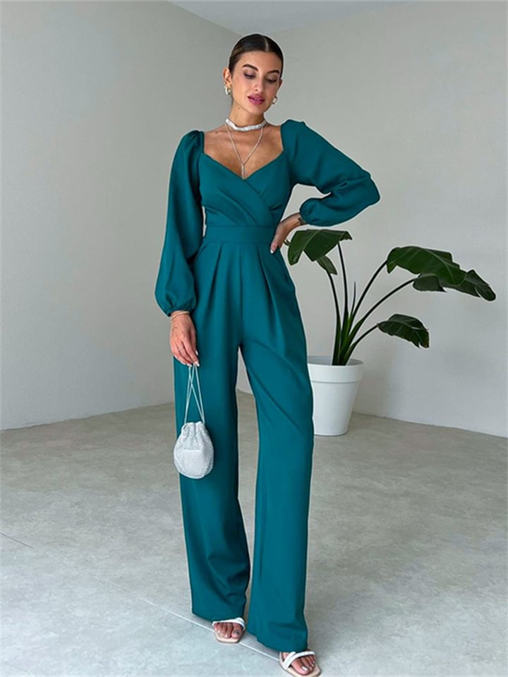 Women's Jumpsuit High Waist Solid Color V Neck Streetwear Daily Vacation Regular Fit Long Sleeve Black Blue S M L Spring -vasmok