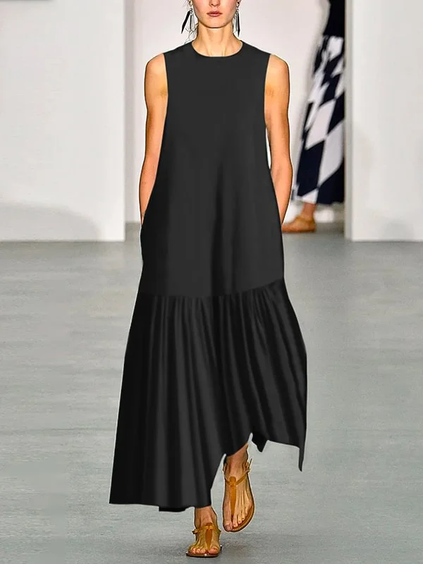OSHOPLIVE A-line Loose Solid Color Split-Joint Round-neck Maxi Dresses
