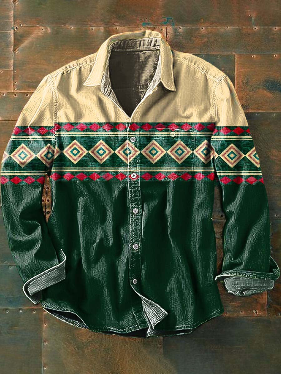 Men's Vintage Spliced Western Pattern Print Casual Lapel Long Sleeve Shirt