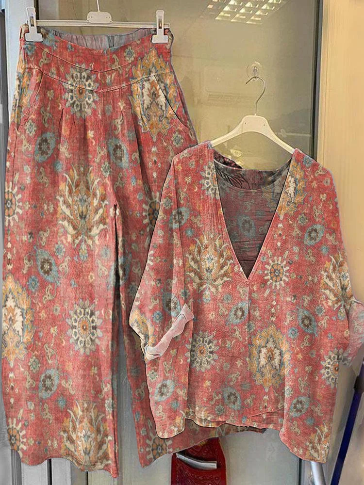 Women's Retro Ethnic Totem Pattern Print V-Neck Top Wide-Leg Pants Cotton Linen Suit