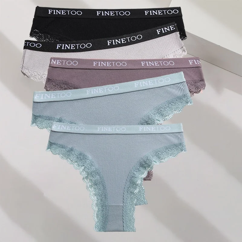 FINETOO 5PCS/Set M-XXL Cotton Panties Women's Letter Thong  Girls Brazilian Panty Sexy Lace Underwear For Woman Lingerie Bikini
