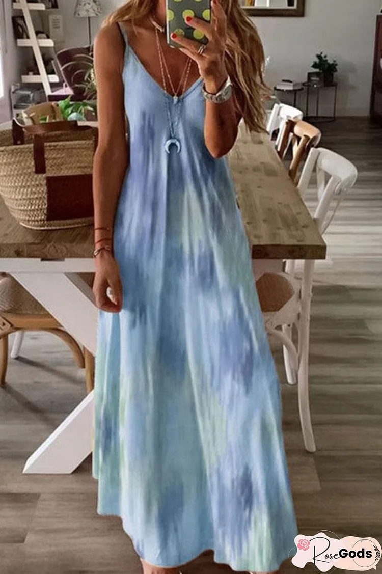 Holiday Gradient Print Spaghetti V-Neck Maxi Dress