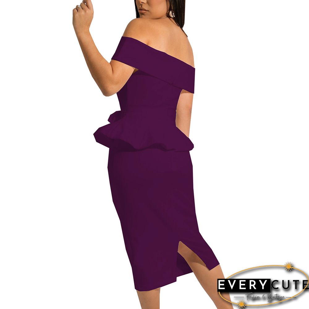 Purple Off the Shoulder Ruffle Bodycon Midi Dress