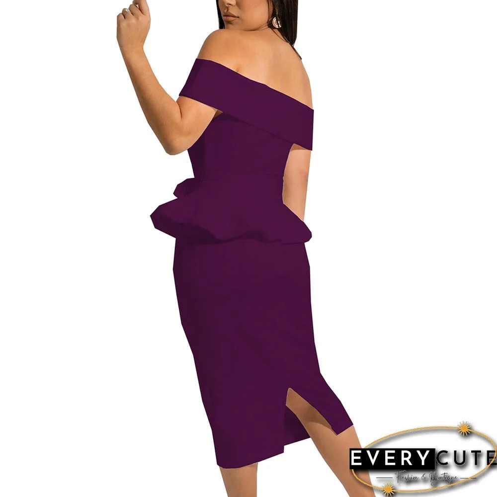Purple Off the Shoulder Ruffle Bodycon Midi Dress