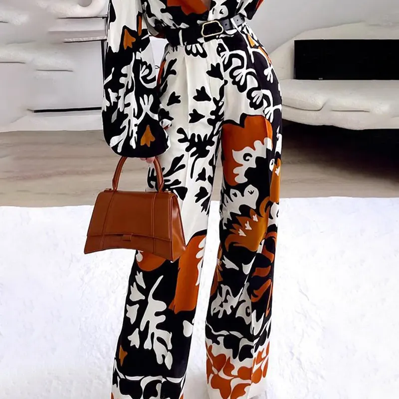 Brownm Brownm Spot 2024 Women's Fashion Print Long Sleeve Shirt Casual Pants Two Suits