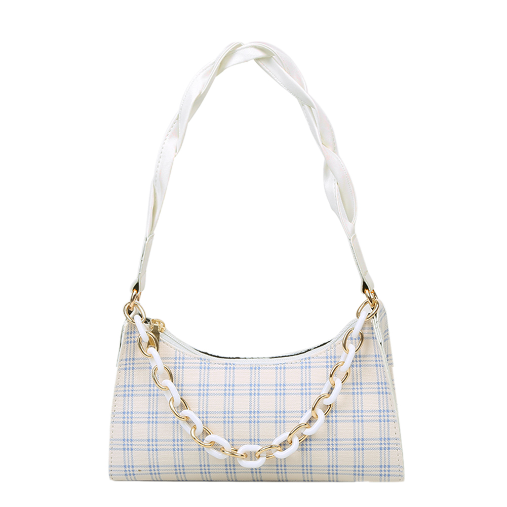 

Plaid PU Leather Handbag Totes Chain Underarm Shoulder Bags, White, 501 Original