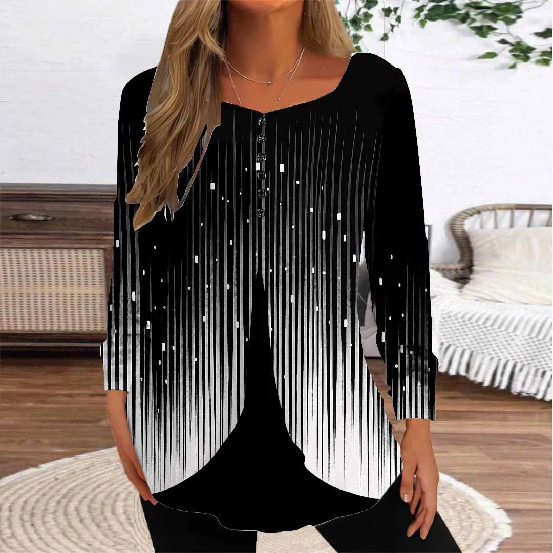 Women Striped,Black DZGG8326 Long Sleeve Scoop Neck Printed Graphic Button Fake 2in1 Tops