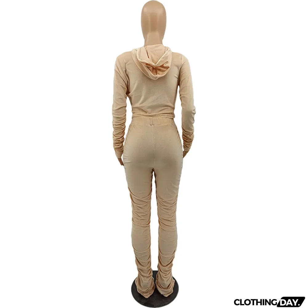 Velvet Pleated Zipper Hooded Jacket Skinny Pants Suit