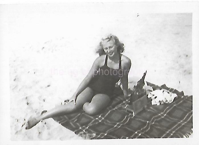 Vintage FOUND Photo Poster painting bw MID CENTURY WOMAN Original Snapshot BEACH GIRL 19 19 Q