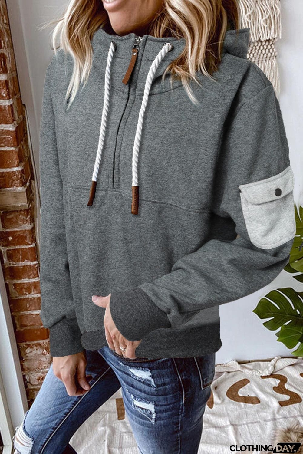 Half Zip Colorblock Pocket Patchwork Long Sleeve Hoodie