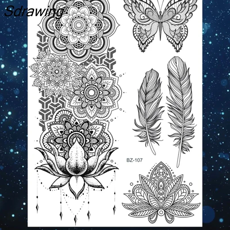 Sdrawing Henna Temporary Tattoos For Women Girls Feather Butterfly DreamCatcher Fake Gem Tattoo Sticker Chest Arm Tatoos Tribal 328-1