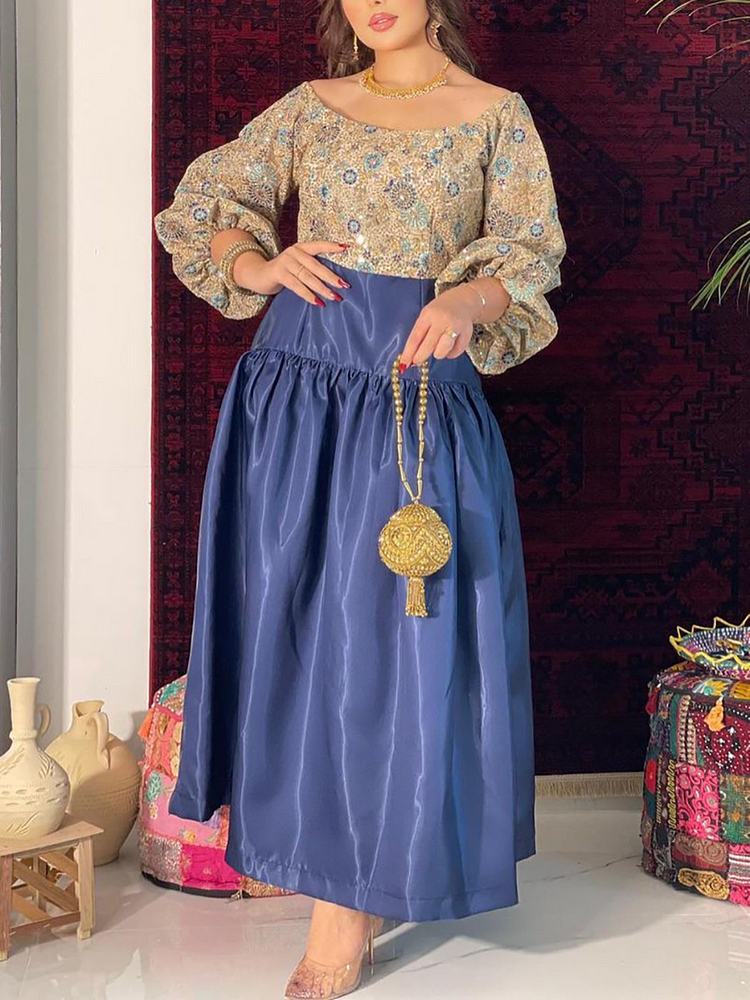 Vintage Printed Lantern Sleeve Contrasting Colors Dress