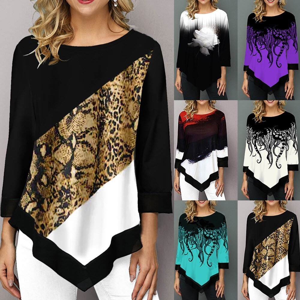 Printed stitching cropped sleeve T-shirt(Buy three pieces free shipping）