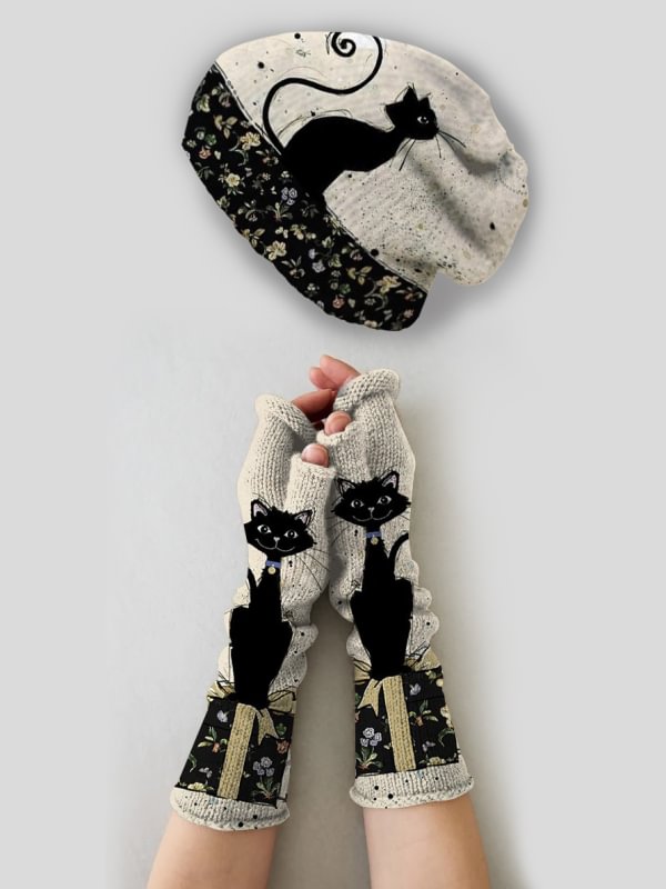 Vintage cat print knitted hat + fingerless gloves set