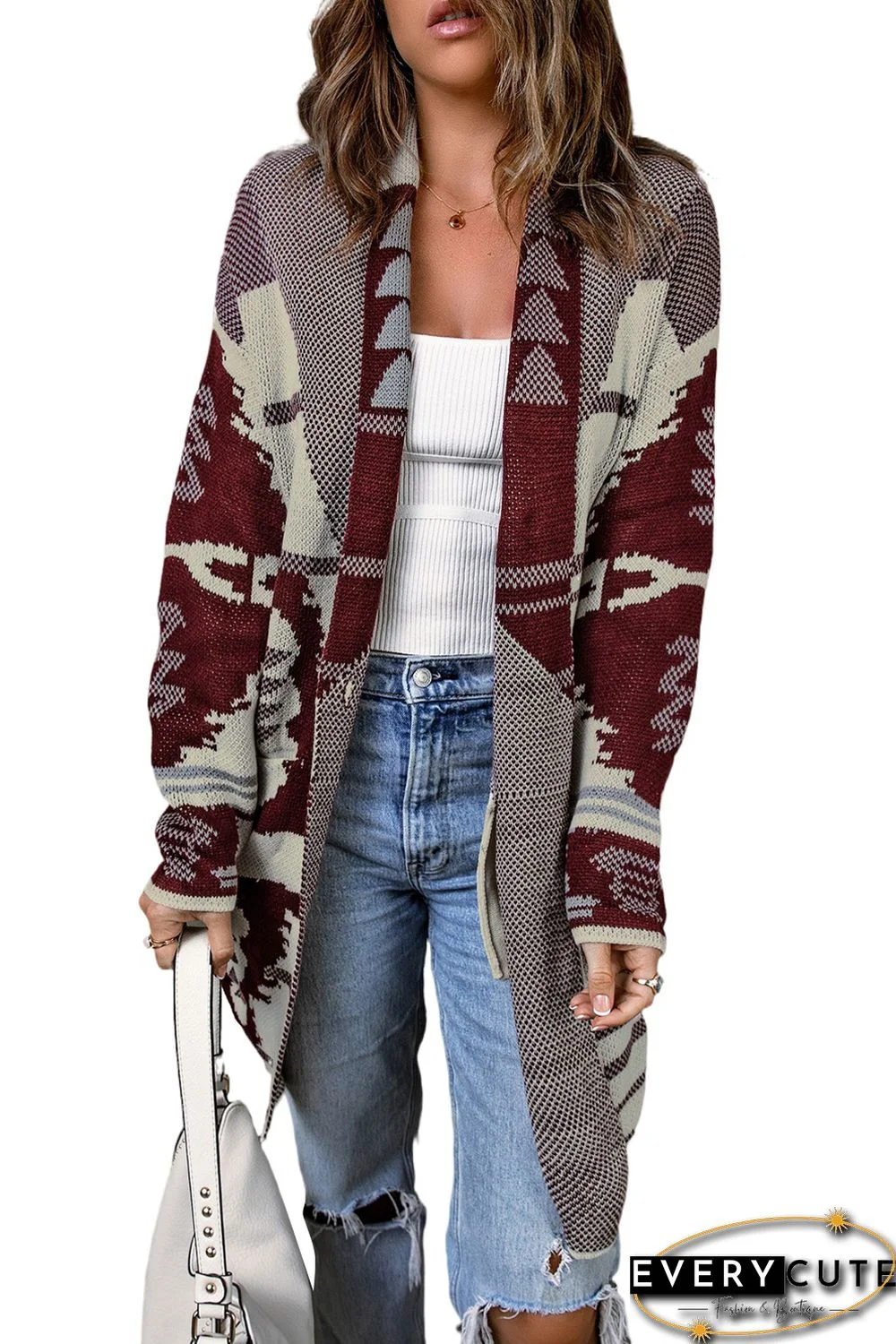 Beige Lapel Collar Geometric Print Knit Cardigan