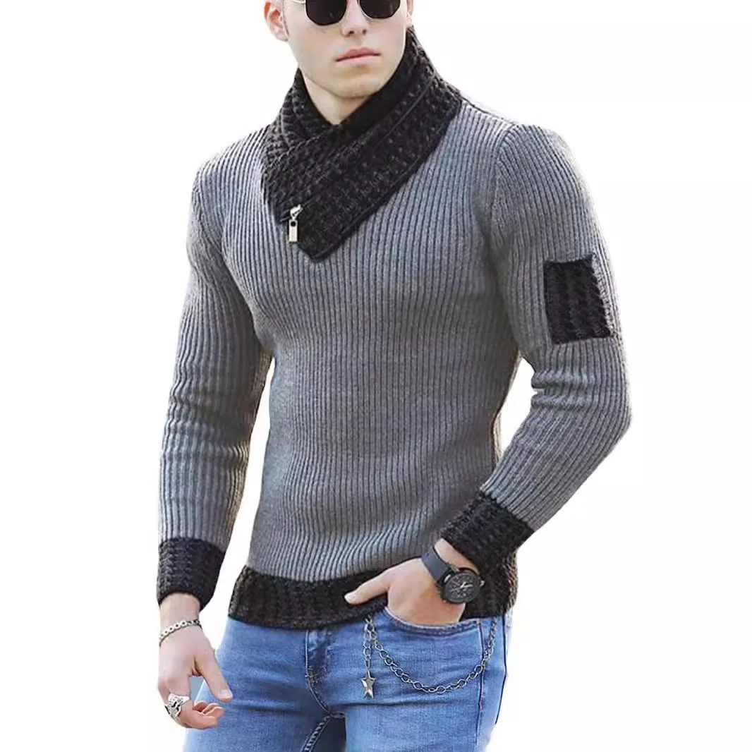 Wongn Wongn Men's Casual Slim Knit Jumper Long Sleeve Scarf Neck Sweater Men's Wear