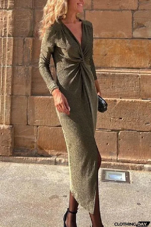 Outshine You Metallic Center Front Kink Slit Stretch Midi Dress