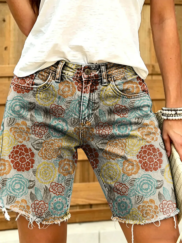 Ethnicity Flowers Geometry Women's Art Print Casual Denim Shorts