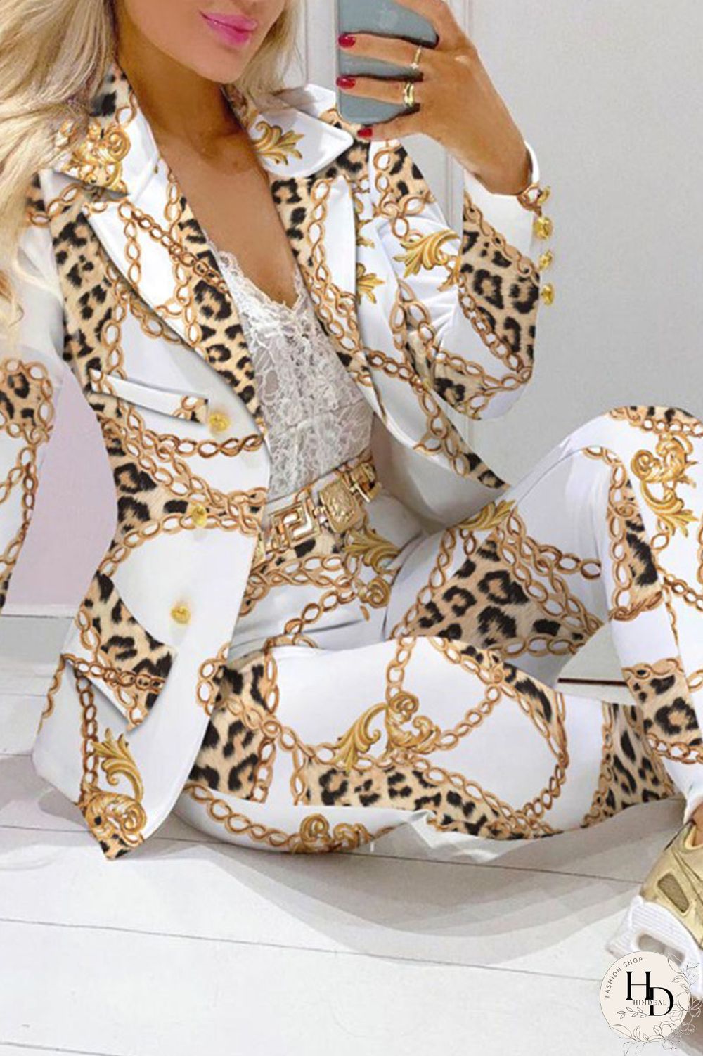 Sky Blue Casual Print Patchwork Buttons Turn-back Collar Long Sleeve Two Pieces(Without Belt)