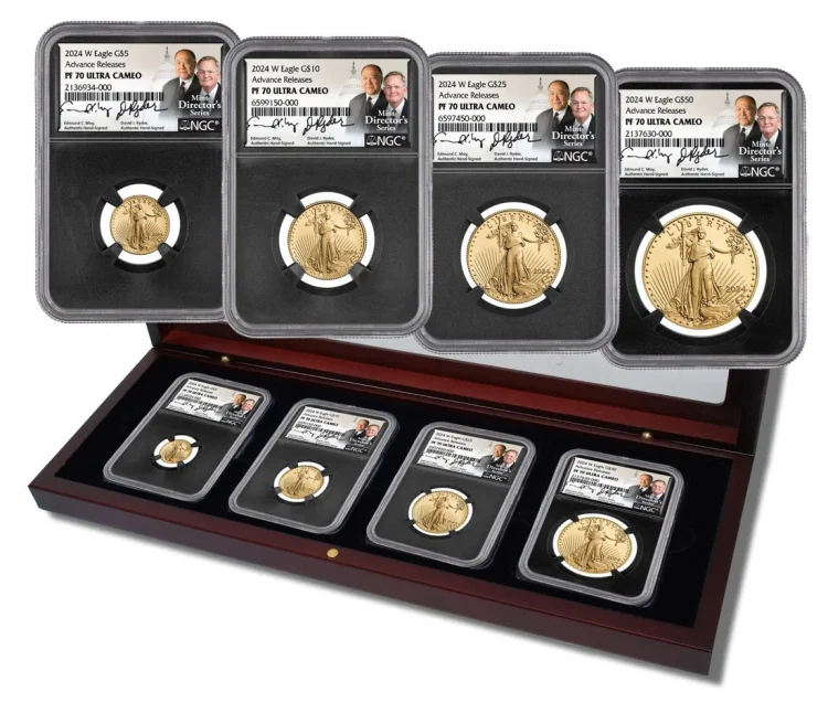 2024 W 4-PC GOLD EAGLE PROOF SET NGC PF70 ADVANCE RELEASES HAND SIGNED BY U.S. MINT DIRECTORS ED MOY & DAVID RYDER