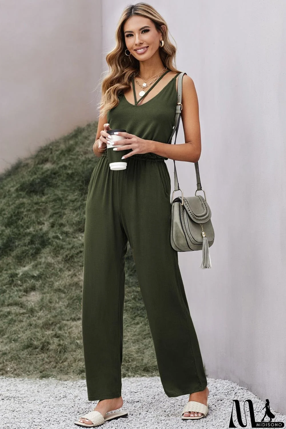 MidiSono - Spaghetti Strap Wide Leg Jumpsuit