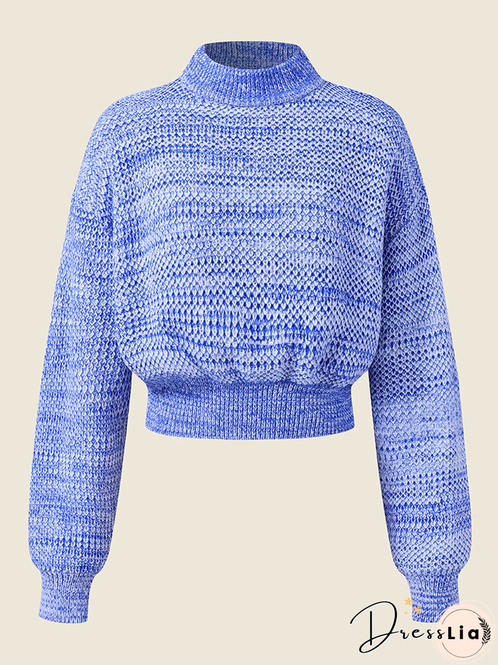 Women Marled Knit Half-collar Long Sleeve Crop Sweater