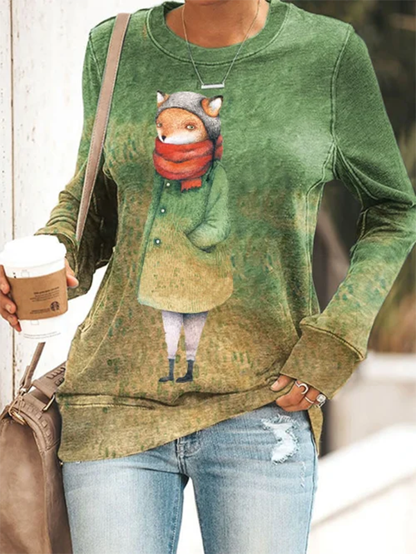 Women's Funny Cute Fox Winter Clothes Print Gradient Sweatshirt