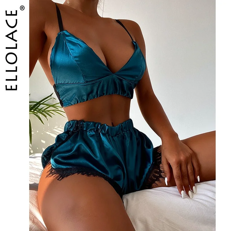 Ellolace Sexy Women's Pajamas Lace Satin Silk Patchwork Bra Suits With Shorts Sleepwear Set Woman 2 Pieces Home Suit Nightwear