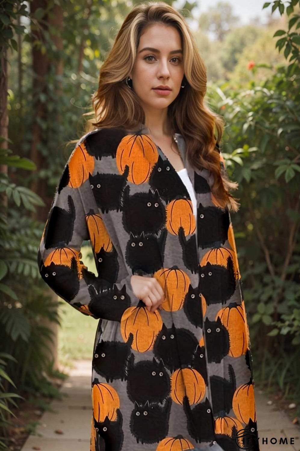 plus size halloween coat women s pus allover cat pumpkin print long sleeve open front medium stretch cardigan overcoat | IFYHOME
