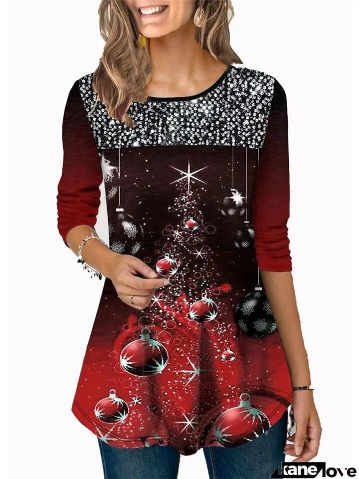 Casual Fit Christmas Themed Sequined 3/4 Sleeve Round Neck Shirt