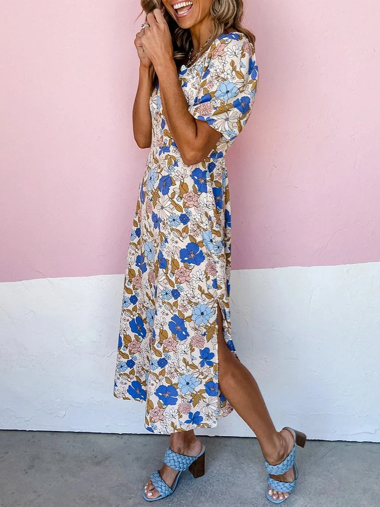 Women Short Sleeve V-neck Floral Printed Maxi Dress