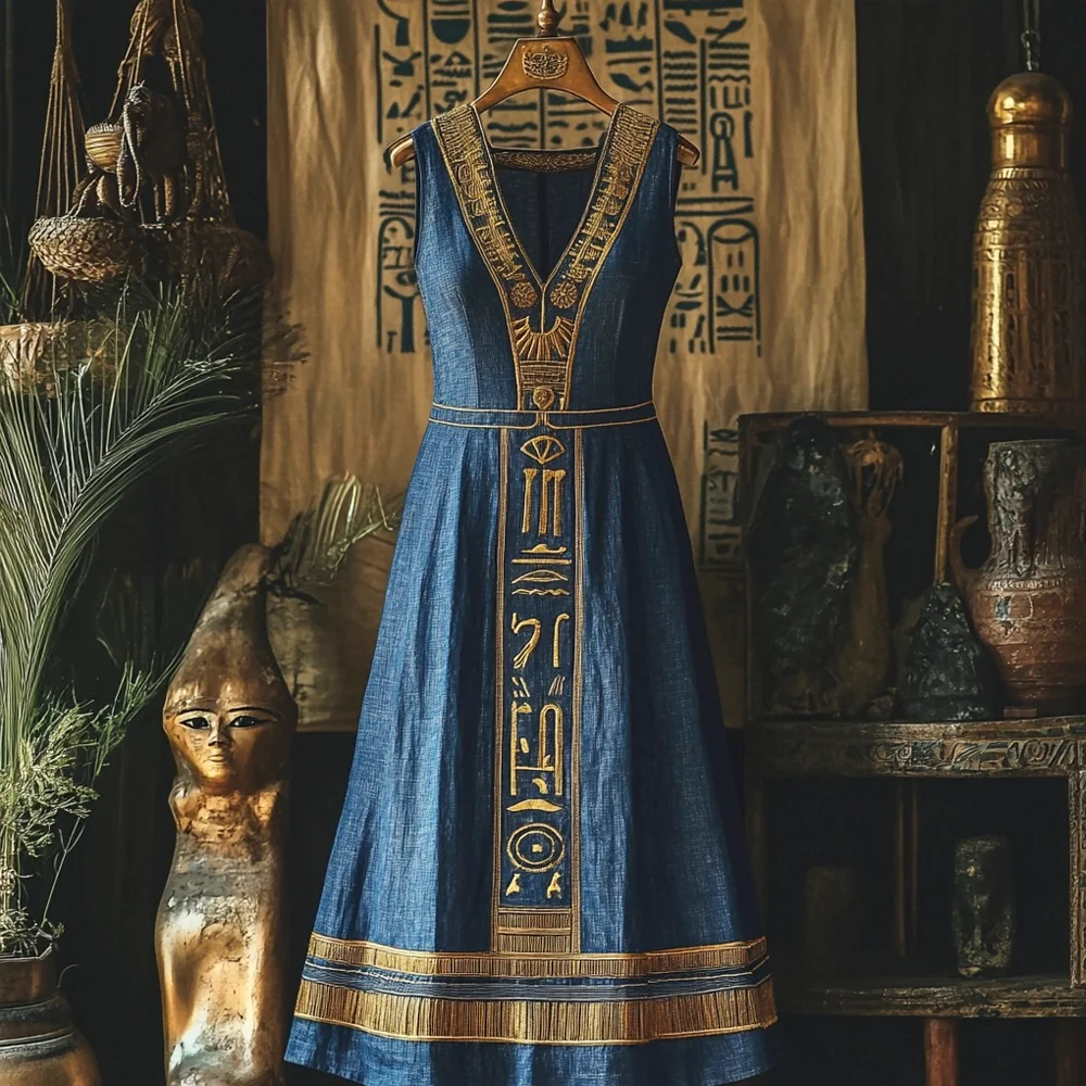 Vintage Egyptian Hieroglyphics Print Women's V-neck Maxi Dress