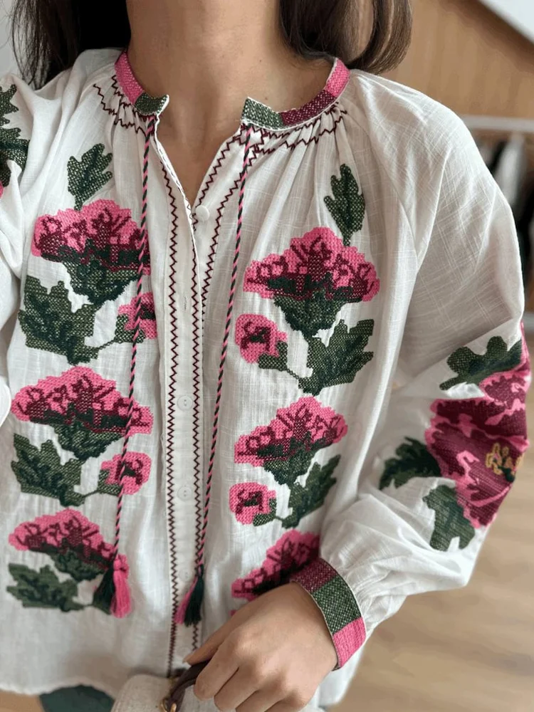 Lunivibe Vintage Floral Embroidered Ukrainian Ethnic Linen Blouse