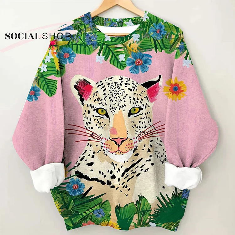 Pink Cheetah Stitching Casual Long Sleeve Top socialshop