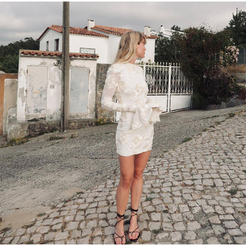 Backless Print Sexy Bodycon Women's Dresses O-neck New White Package Hip Robe Long Flared Sleeve Midi Dresses Slim Fit Vestidos