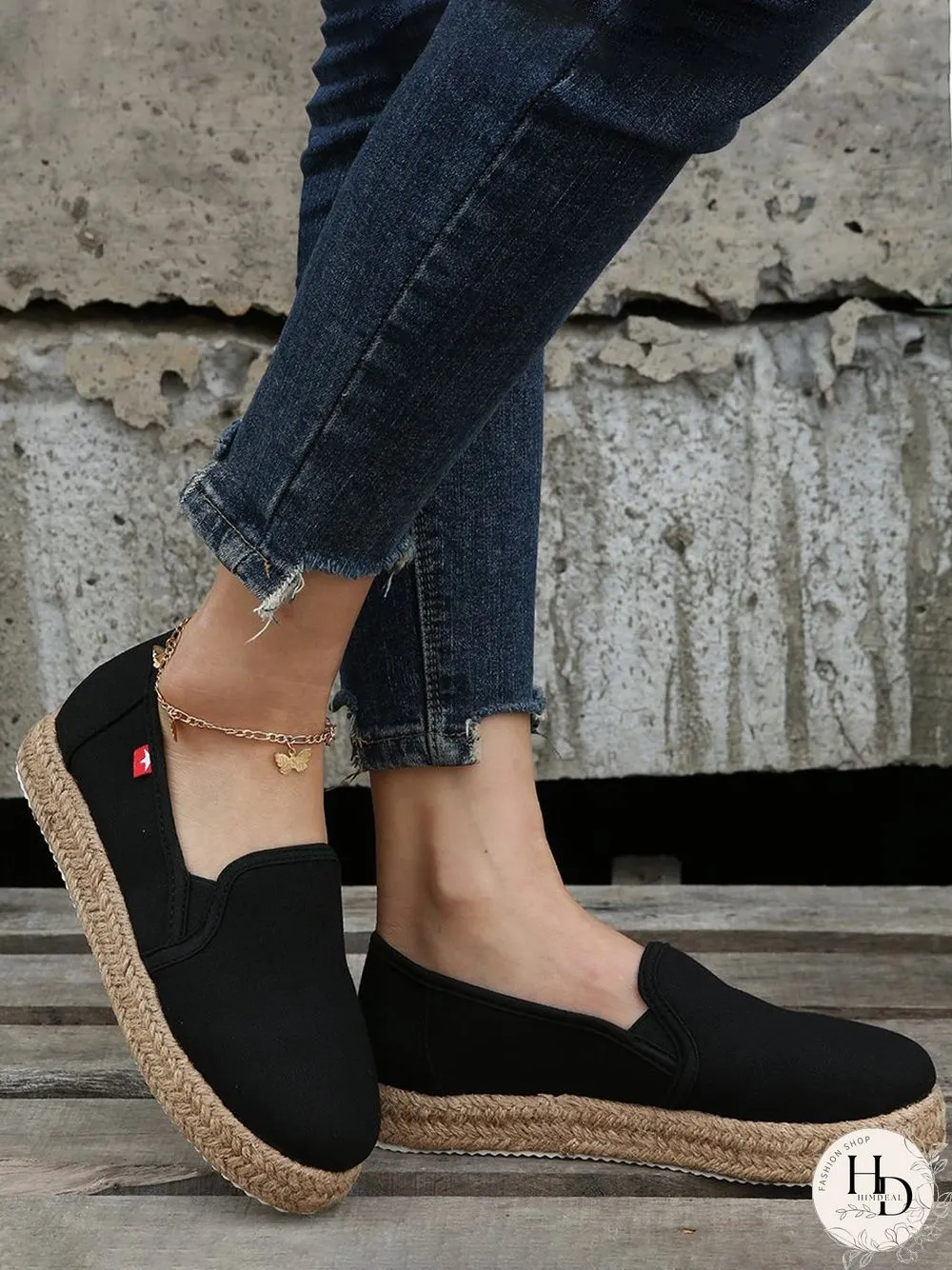 Black White Canvas Straw Platform Loafers