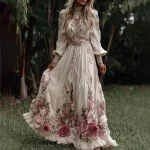 Women's Vintage Roses Embroidery Art Crew Neck Long Sleeves Maxi Dress - Image 2
