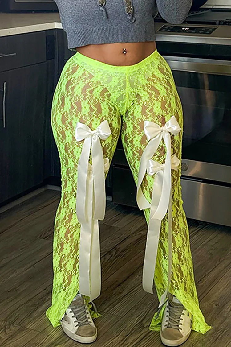 Bow Decor Jacquard Lace See Through Slit Pants-Green