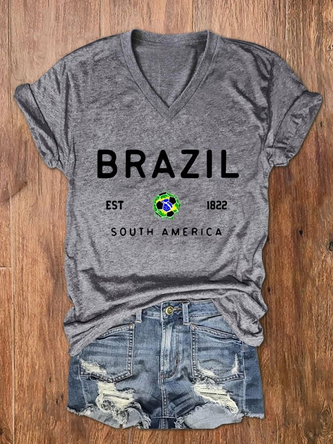 Women's Brazil National Football Team Print V-Neck T-Shirt