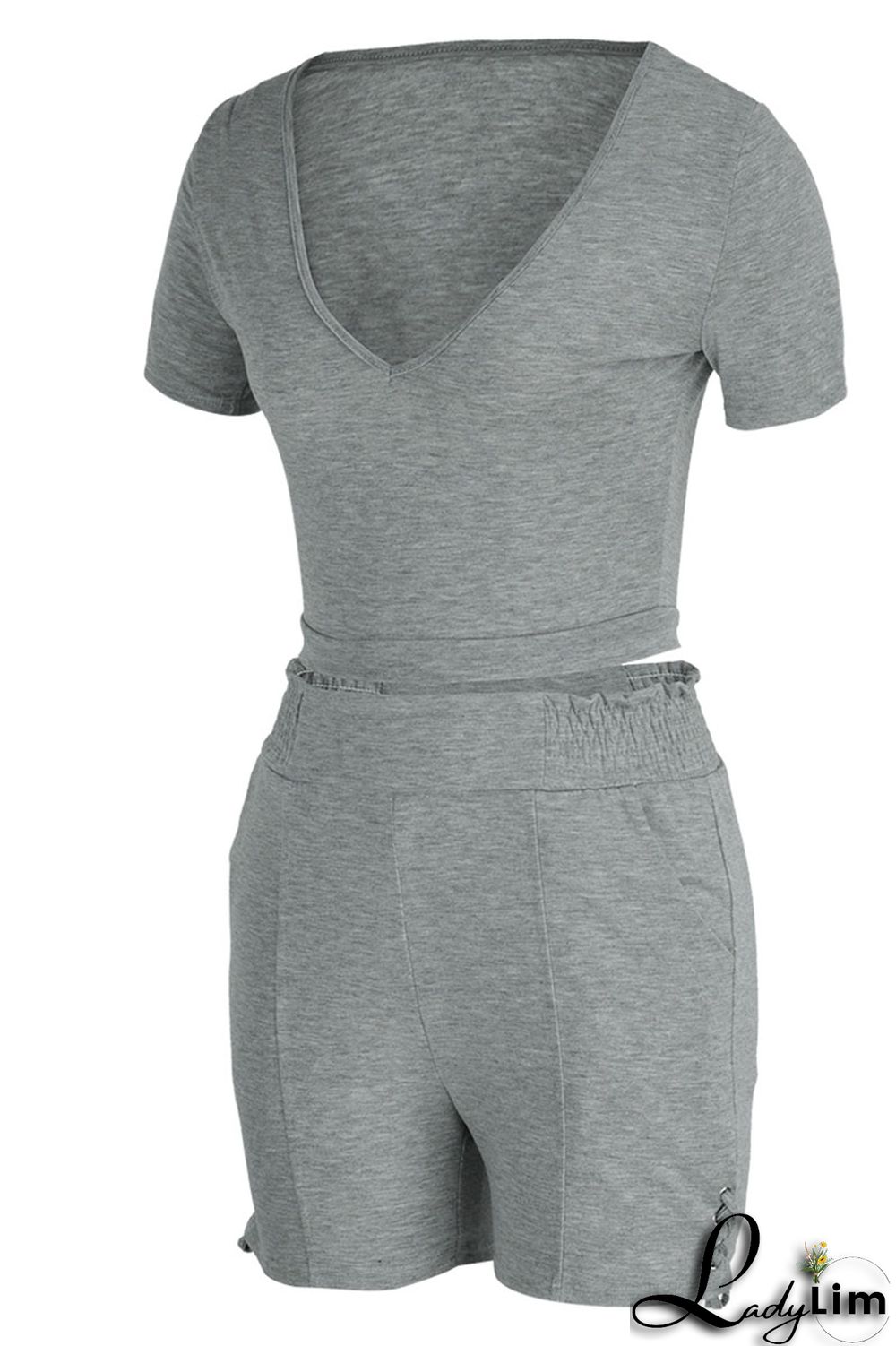 Black Fashion Casual Solid Bandage V Neck Short Sleeve Two Pieces