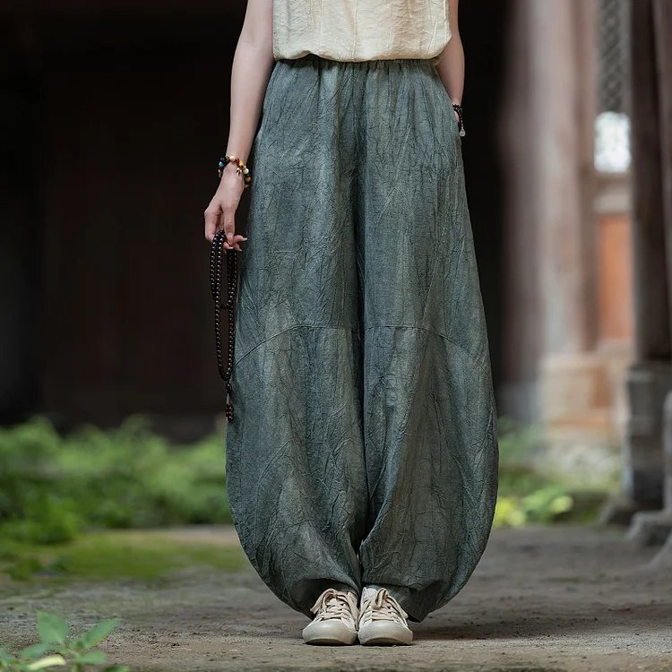 Casual Ramie Tie-Dye Wide-Leg Lantern Pants