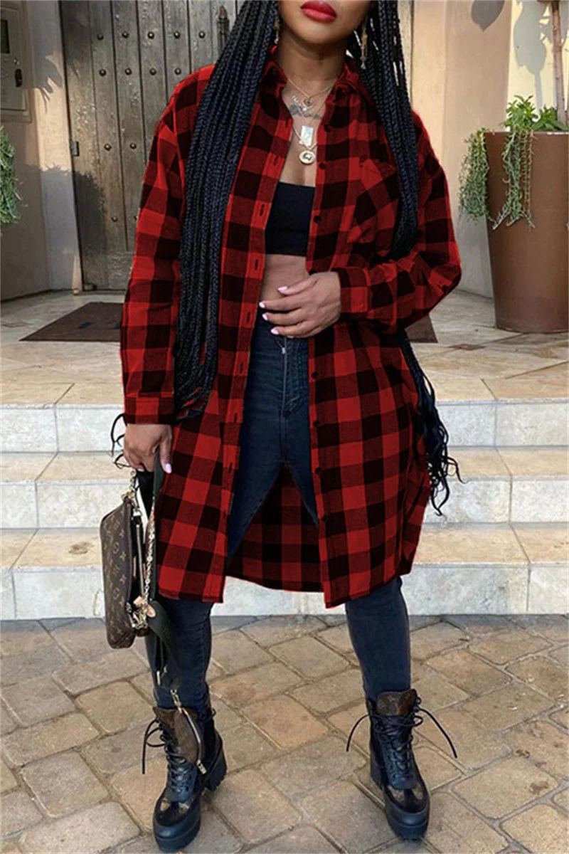 Fashion Casual Plaid Print Cardigan Turndown Collar Outerwear