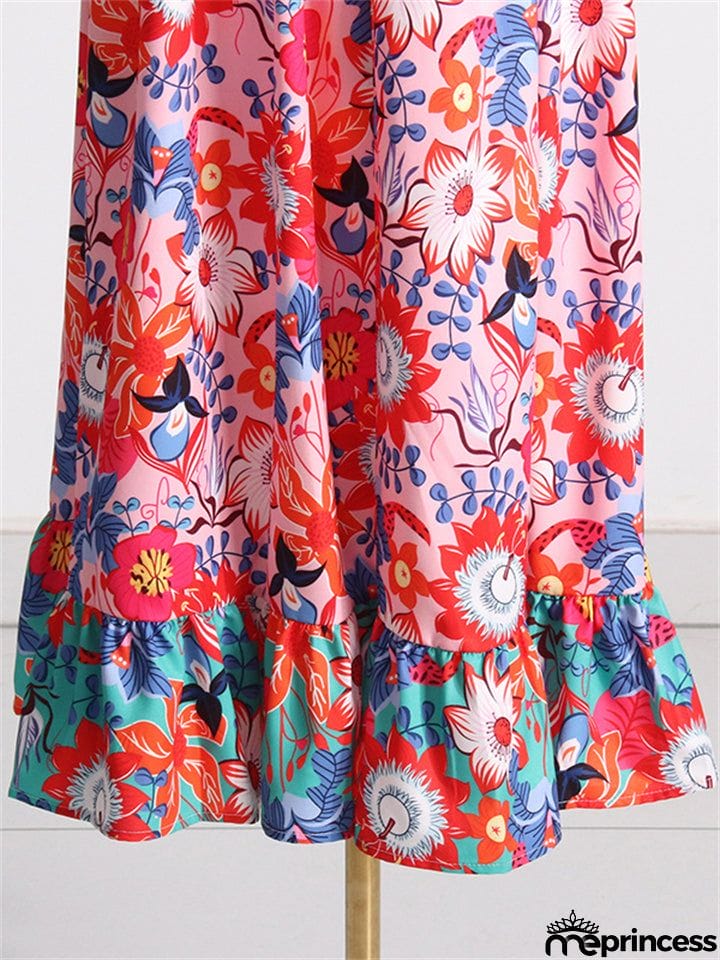 Women's Crew Neck Back Lace-up Floral Bohemian Dress