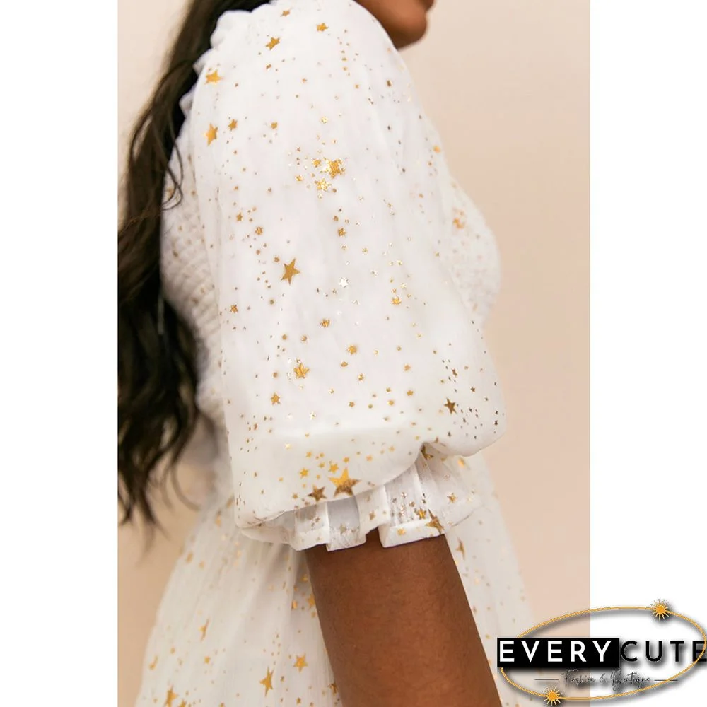 White Square Collar Pleated 1/2 Sleeve Floral Dress