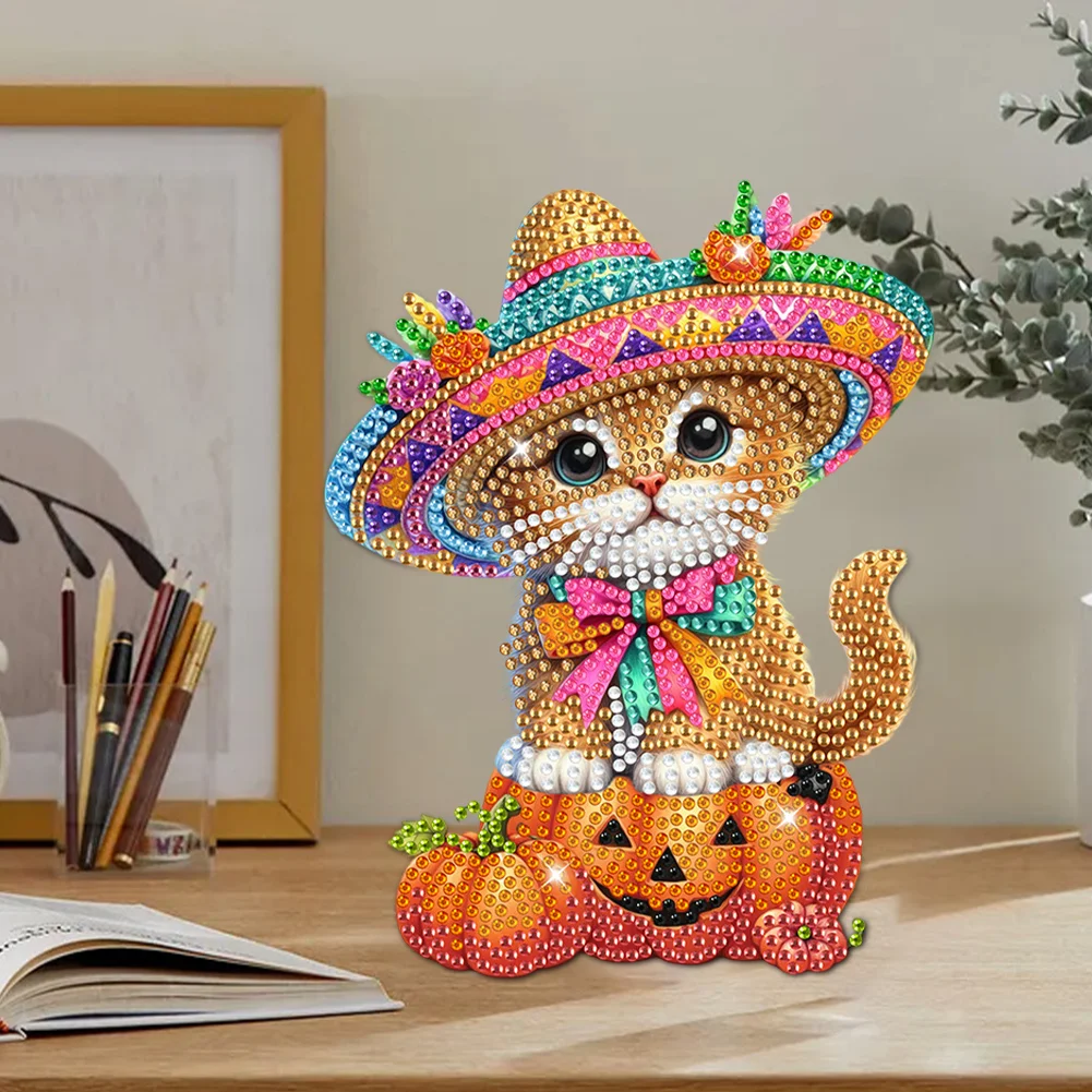 DIY Pumpkin Cat Acrylic Shaking Head Diamond Painting Desktop Ornaments for Home Decor